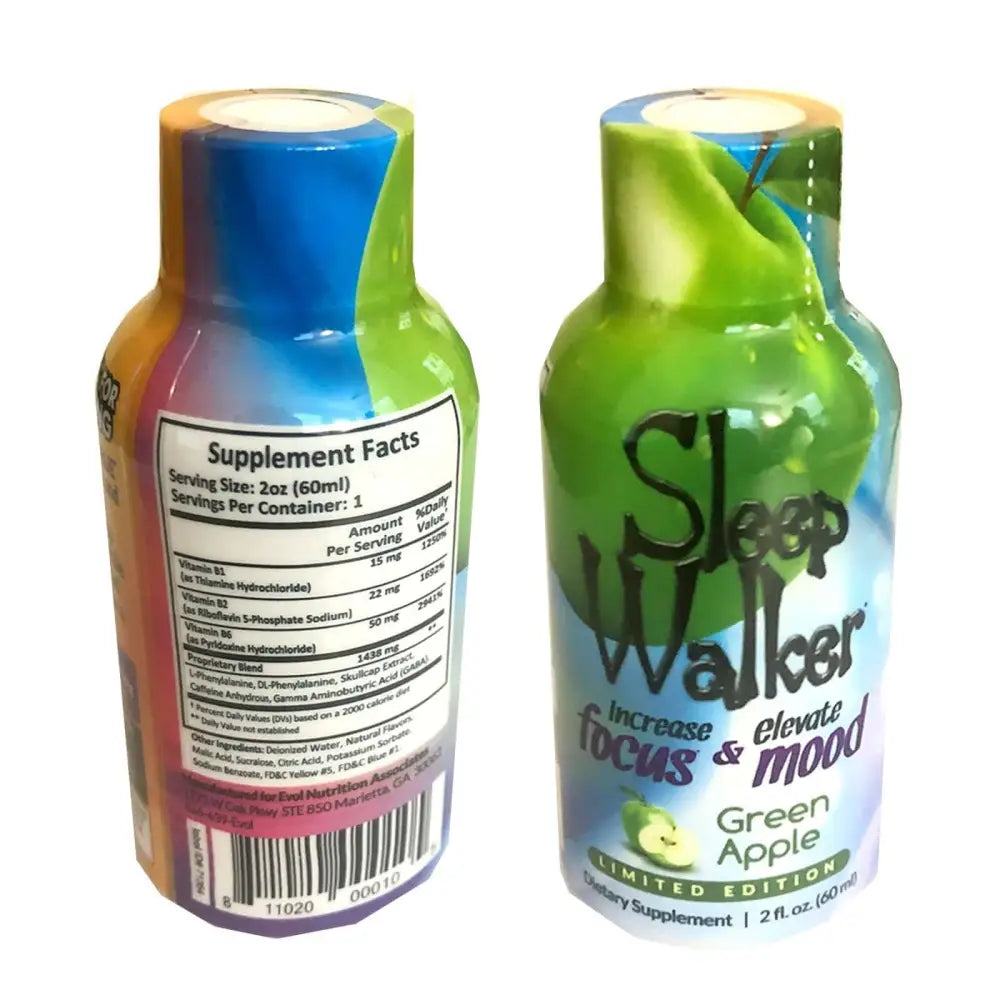 Sleep Walker 2oz shot bottles in green apple flavor, designed to increase focus and elevate mood.