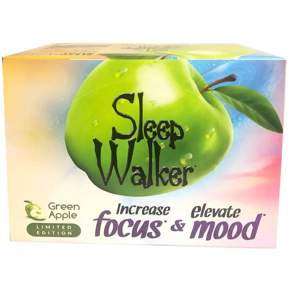 Sleep Walker Sleep Shots box featuring green apple design, promoting focus and mood enhancement.