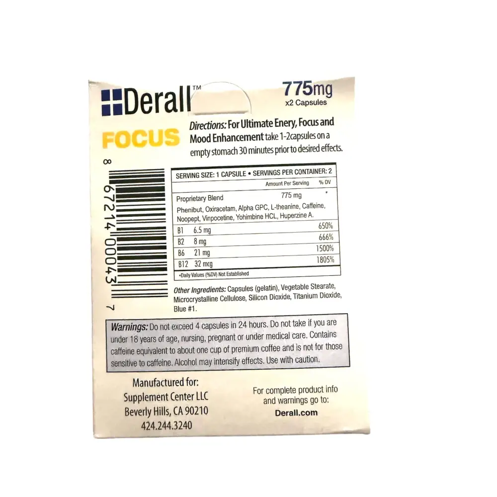 Derall Nootropic Brain-Booster 775mg full box back, highlighting ingredients and directions for use.