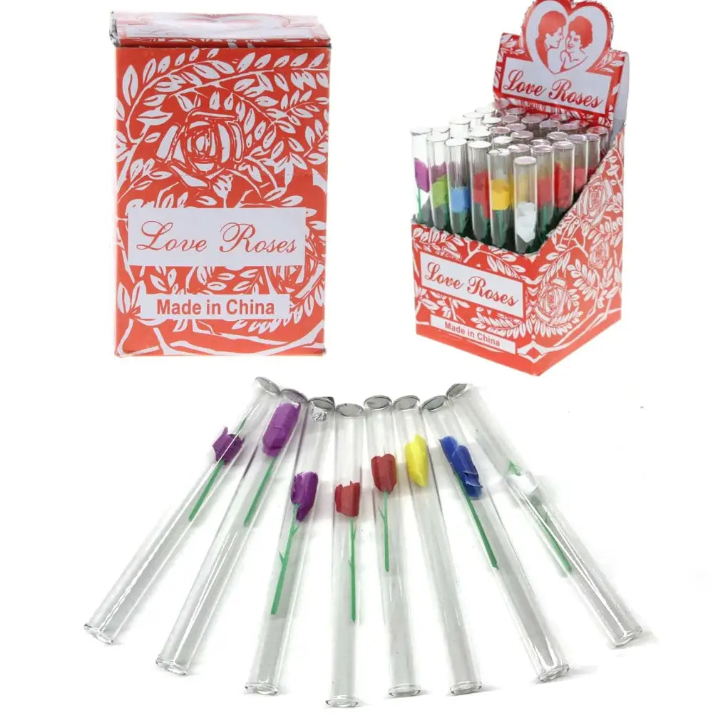 Love Roses tubes in assorted colors, beautifully displayed in a box, perfect as gifts or smoking pipes.