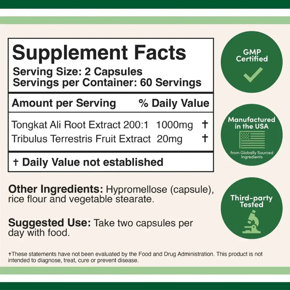 Supplement facts for Men's Health Supplement Tongkat Ali Complex, showing dosage and ingredients.