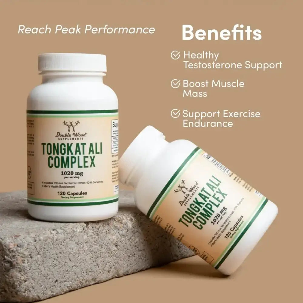 Men's health supplement Tongkat Ali Complex 1020mg, 120 capsules, promoting testosterone support and muscle mass.