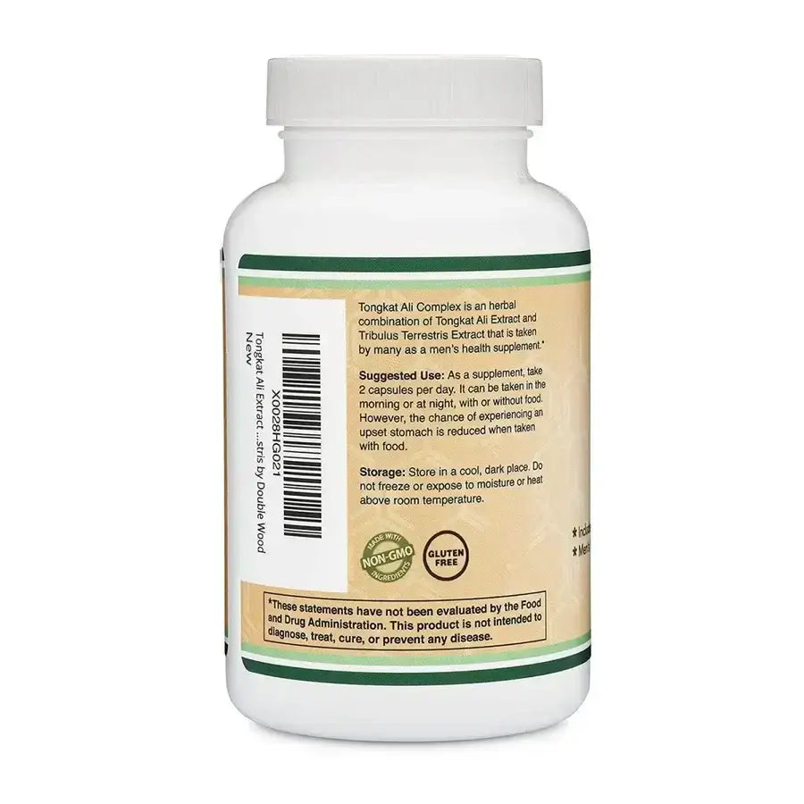 Back view of Men's Health Supplement Tongkat Ali Complex bottle with usage instructions and storage guidelines.