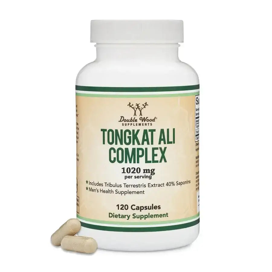 Men's health supplement Tongkat Ali Complex 1020mg in a bottle with 120 capsules for improved libido and cortisol support.