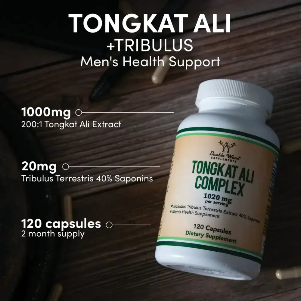 Tongkat Ali Complex 1020mg supplement bottle for men's health support, featuring 120 capsules with Tribulus extract.