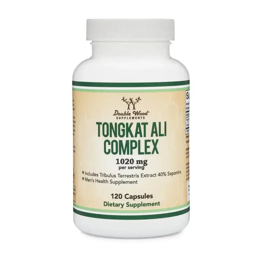 Men's health supplement Tongkat Ali Complex 1020mg in a 120-capsule bottle, promoting libido and cortisol support.