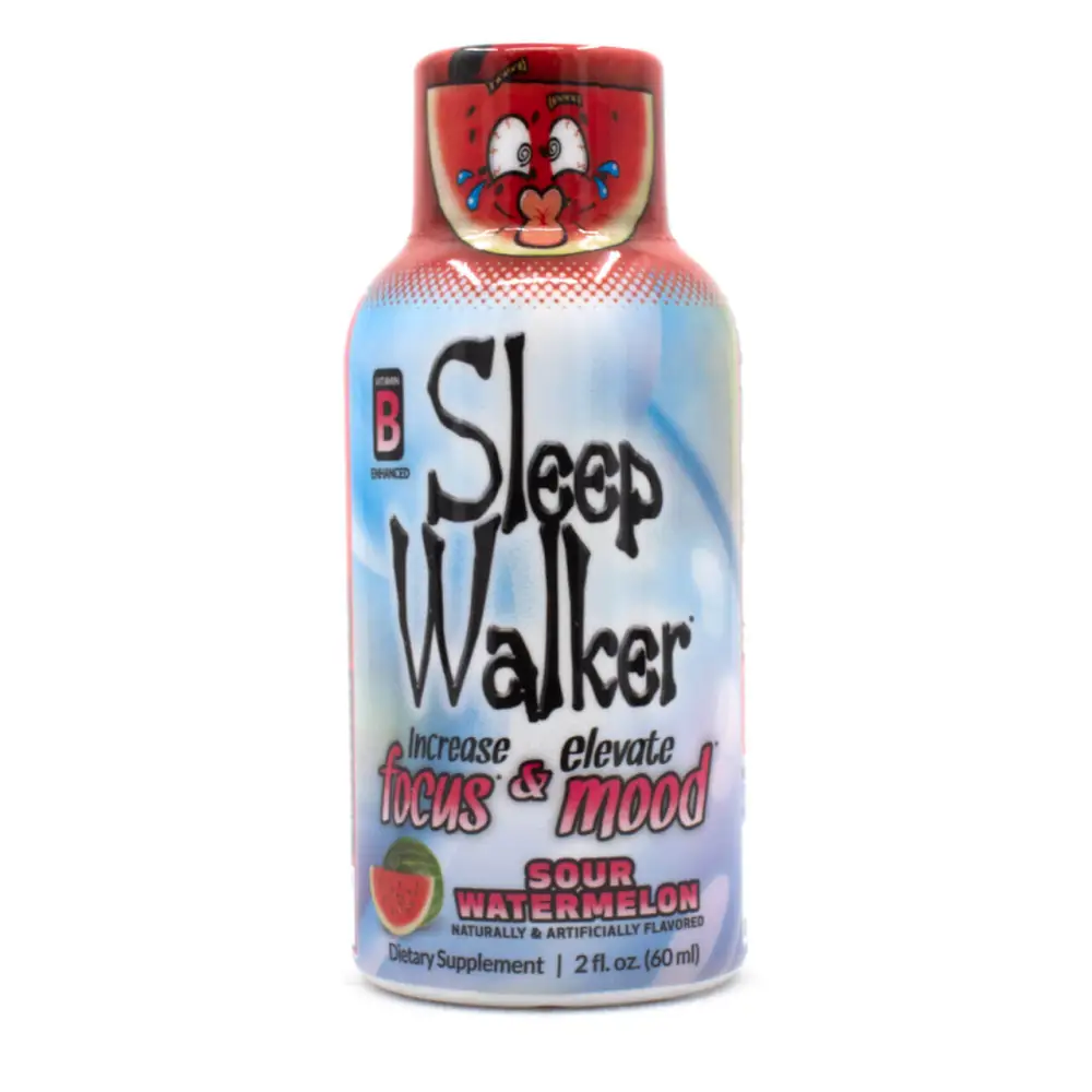 Sleep Walker Shot 2oz in Sour Watermelon flavor; boosts focus and elevates mood. Dietary supplement for energy.