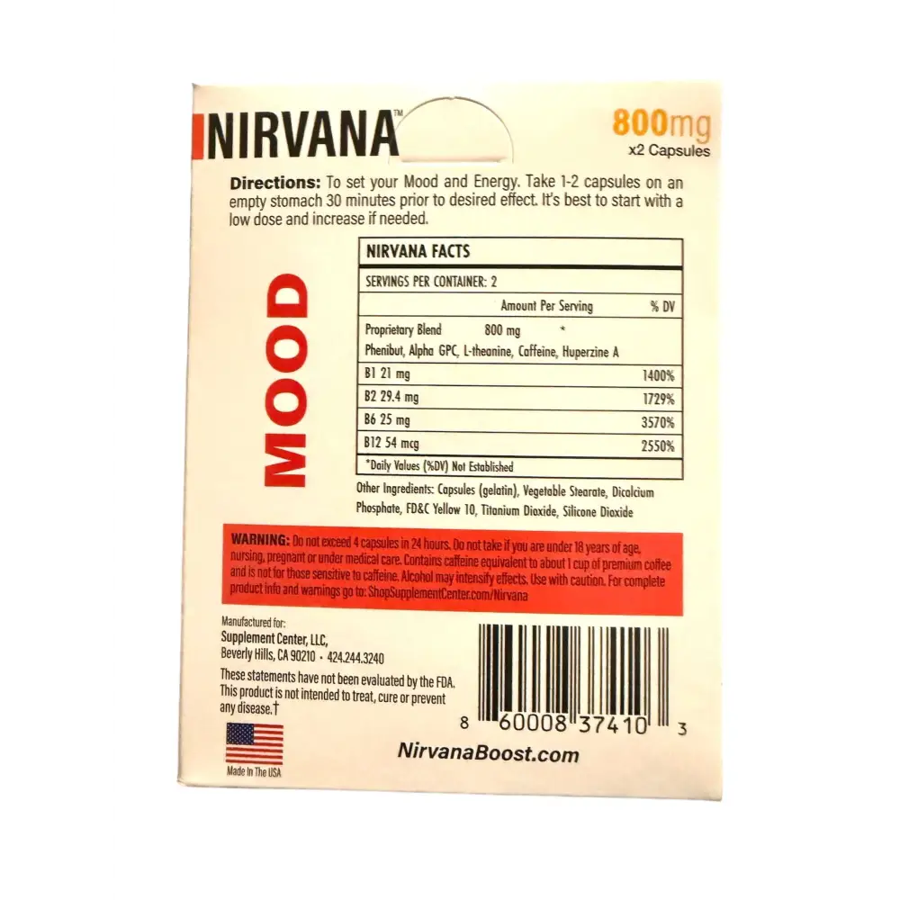 Nirvana Boost Mood Support supplement facts, 800mg, mood and energy enhancement details.