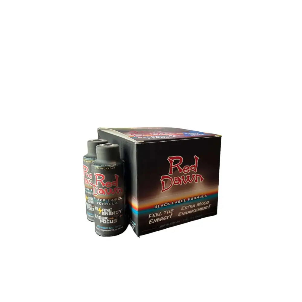 Red Dawn Black Label Formula, two 2oz energy shots in a box for enhanced focus and performance.