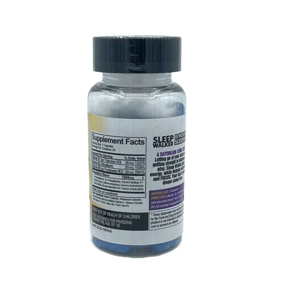 Sleep Walker Mood Enhancer bottle with label, 60 capsules for focus, euphoria, and stress relief.
