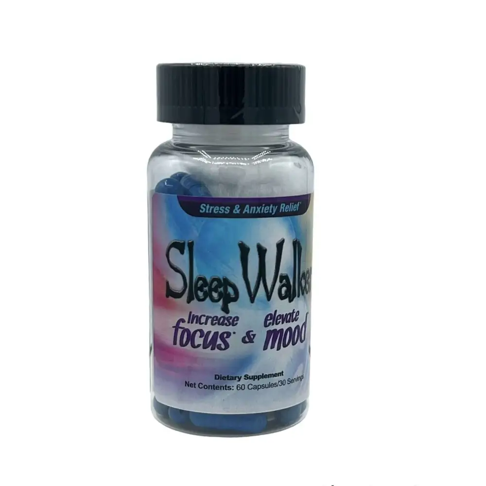 Sleep Walker Mood Enhancer dietary supplement bottle containing 60 capsules for focus and mood elevation.