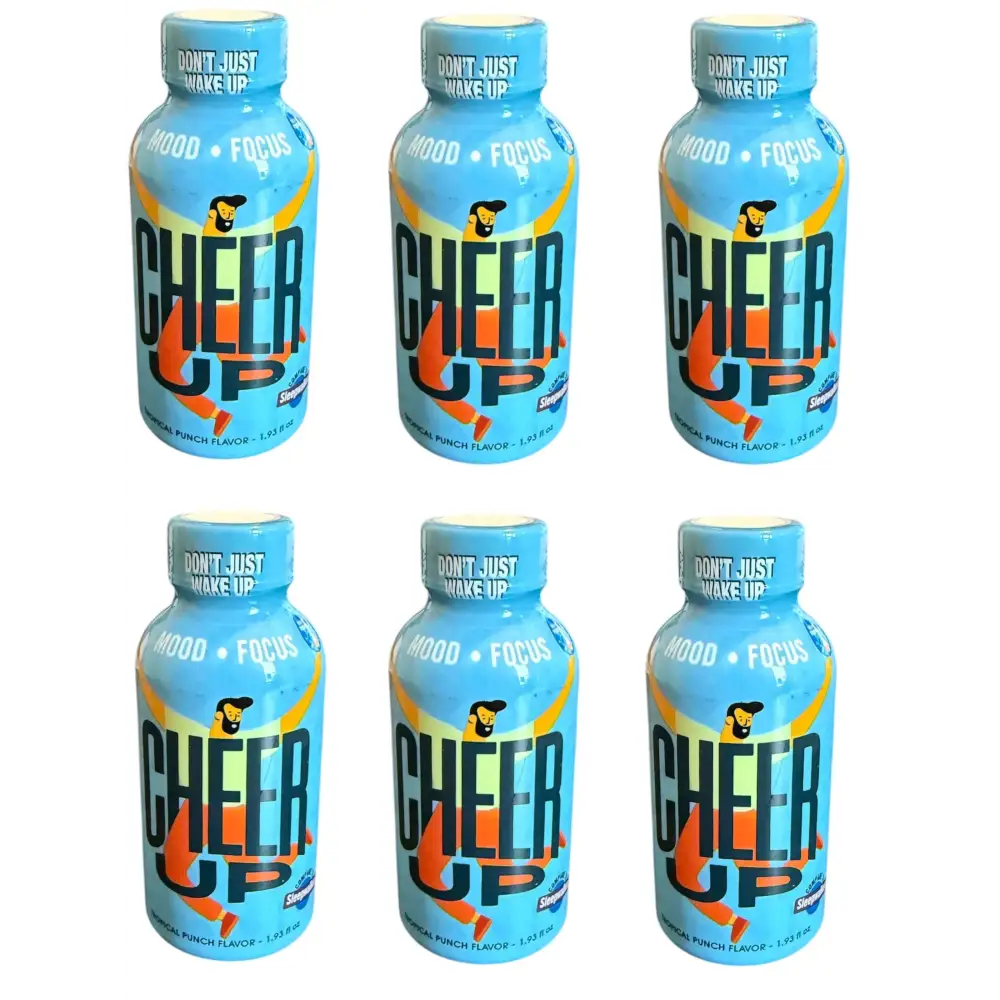 Six bottles of Sleep Walker CheerUp Shots boosting focus and mood in vibrant blue packaging.