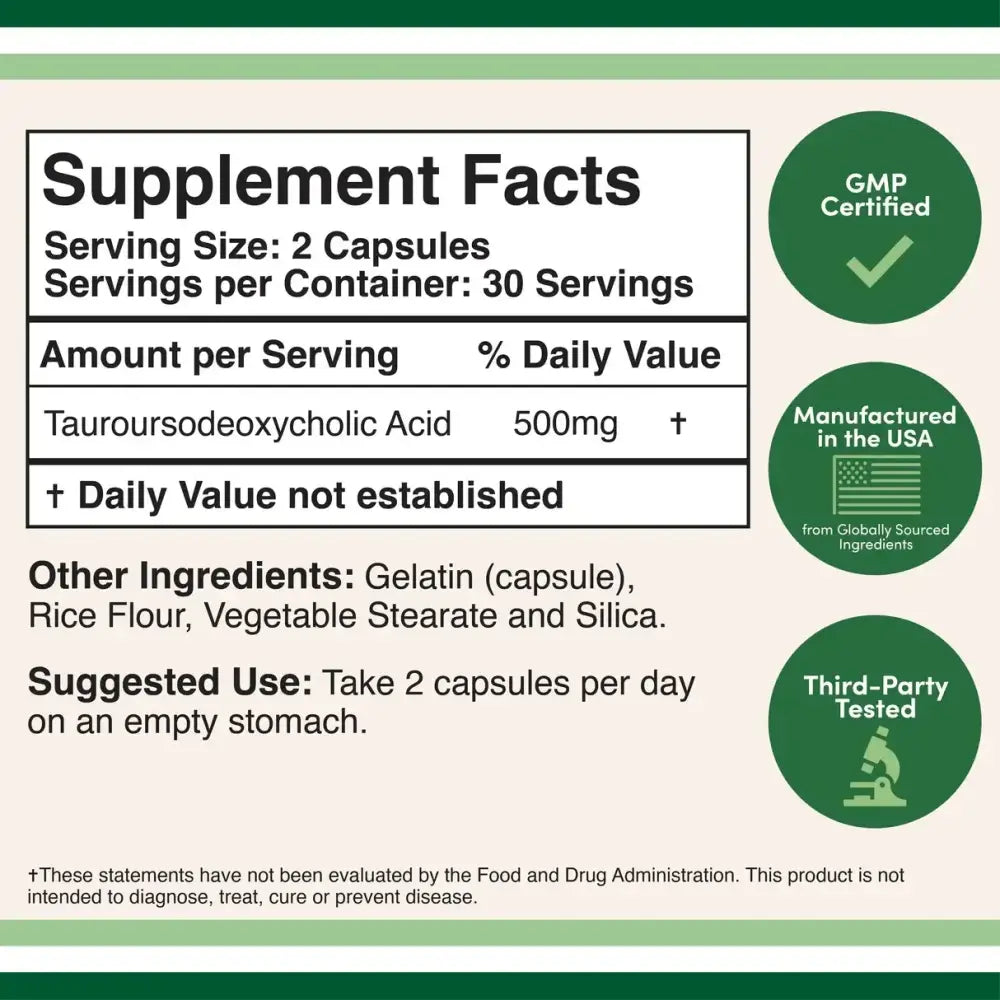 Supplement facts for TUDCA Tauroursodeoxycholic Acid 500mg, details serving size, ingredients, and certifications.