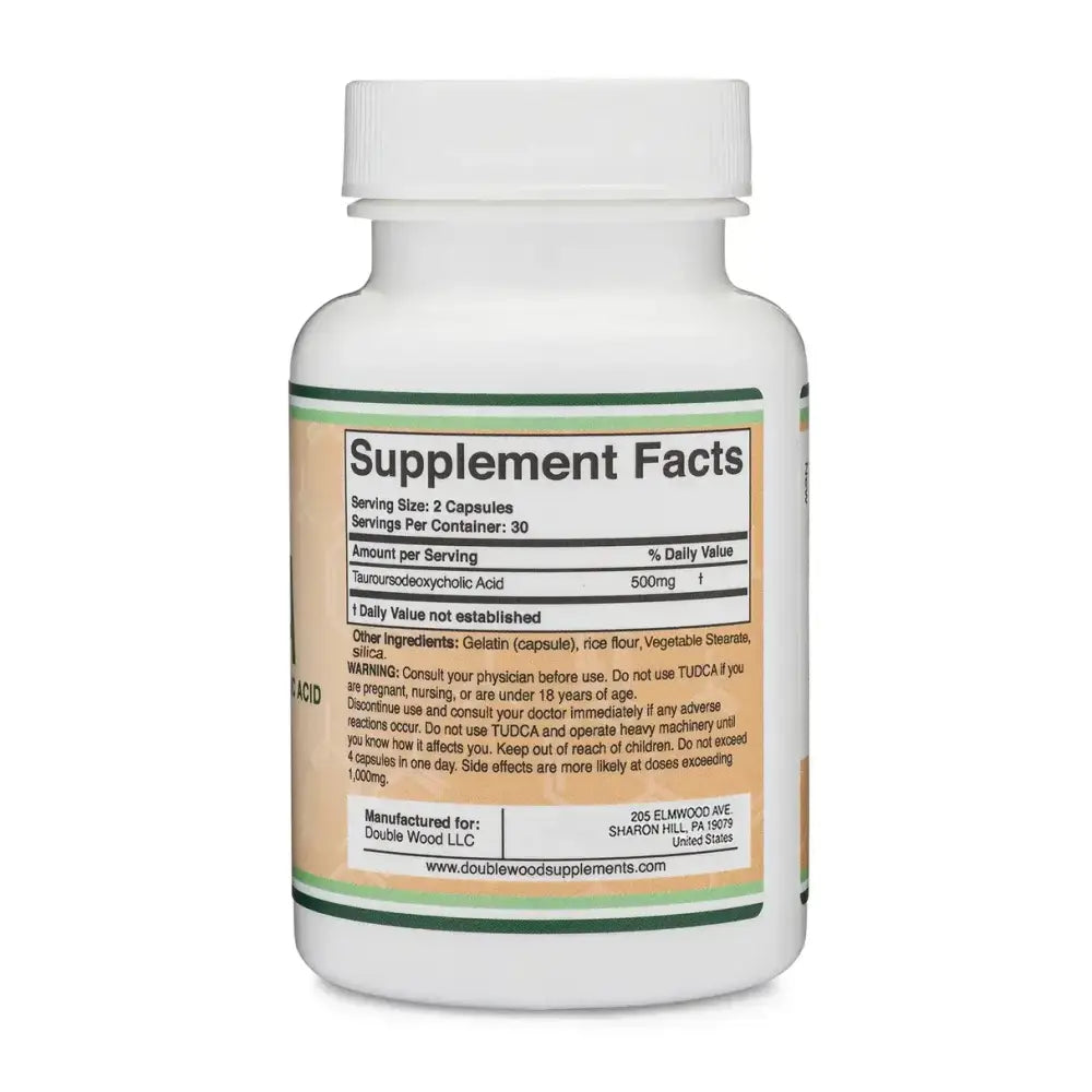 TUDCA Tauroursodeoxycholic Acid supplement facts label on bottle showing 500mg per serving and ingredient details.