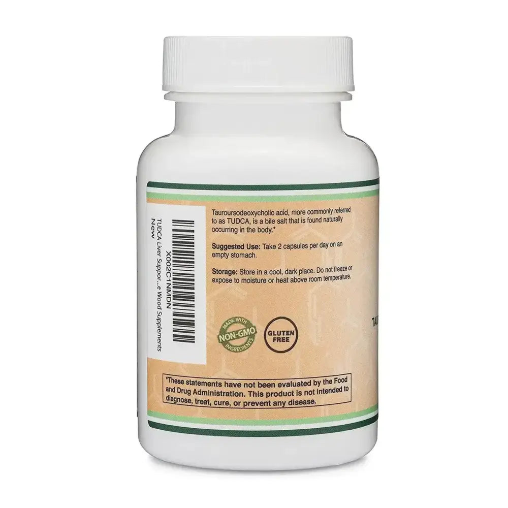 Back view of TUDCA Tauroursodeoxycholic Acid 500mg supplement bottle with usage instructions and labeling.