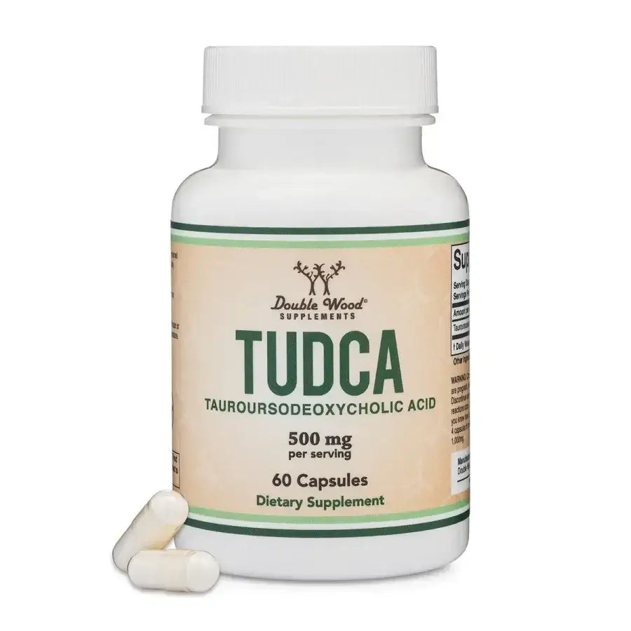 Bottle of TUDCA Tauroursodeoxycholic Acid 500mg with 60 capsules, dietary supplement for liver health.