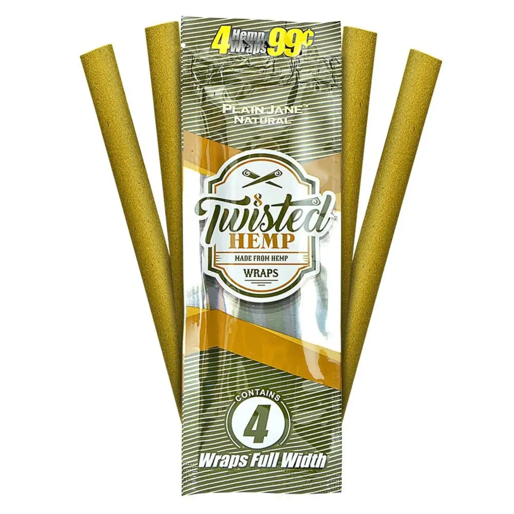 Twisted Hemp Plain Jane Wraps pouch with 4 full-width organic wraps, nicotine-free and chemical-free, in a resealable foil pack.