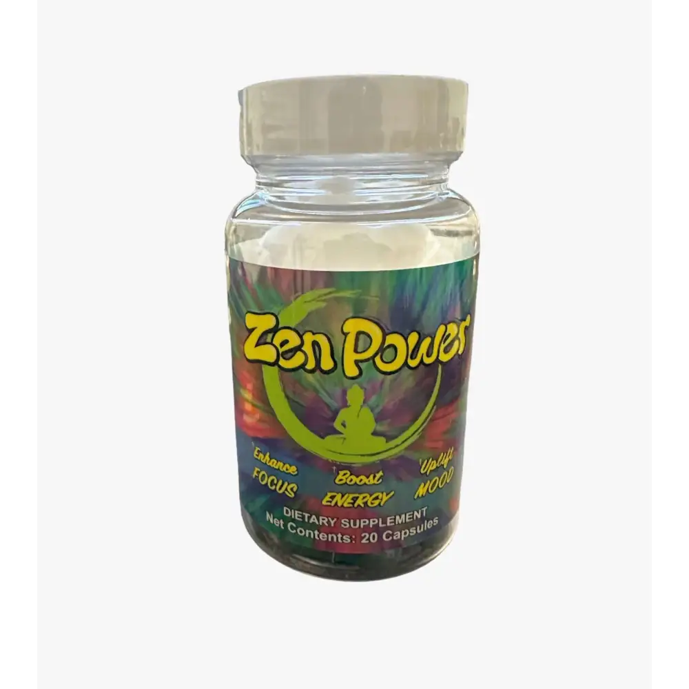 Zen Power dietary supplement bottle with 20 capsules for enhanced focus and mood elevation.