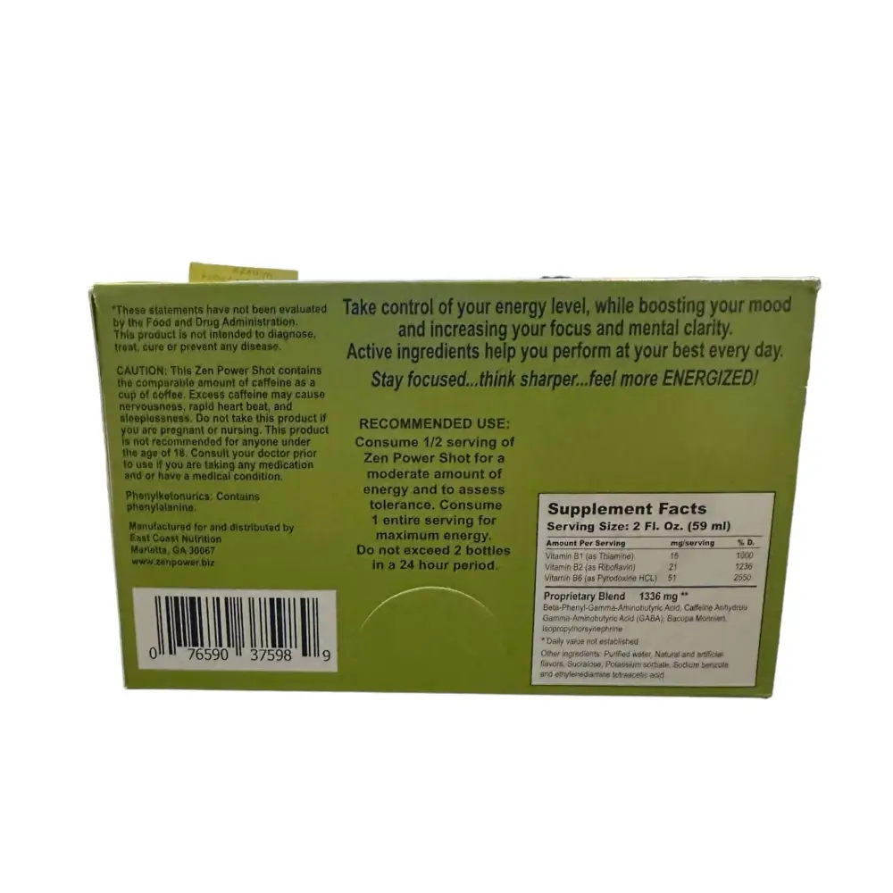 Zen Power Mood Enhancer shot box highlighting benefits and supplement facts for focus and energy.
