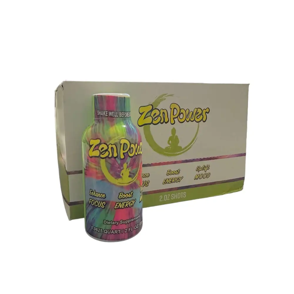 Zen Power 2oz Mood Enhancer Shot with full box of 12, boosts focus and energy, dietary supplement, limited stock.