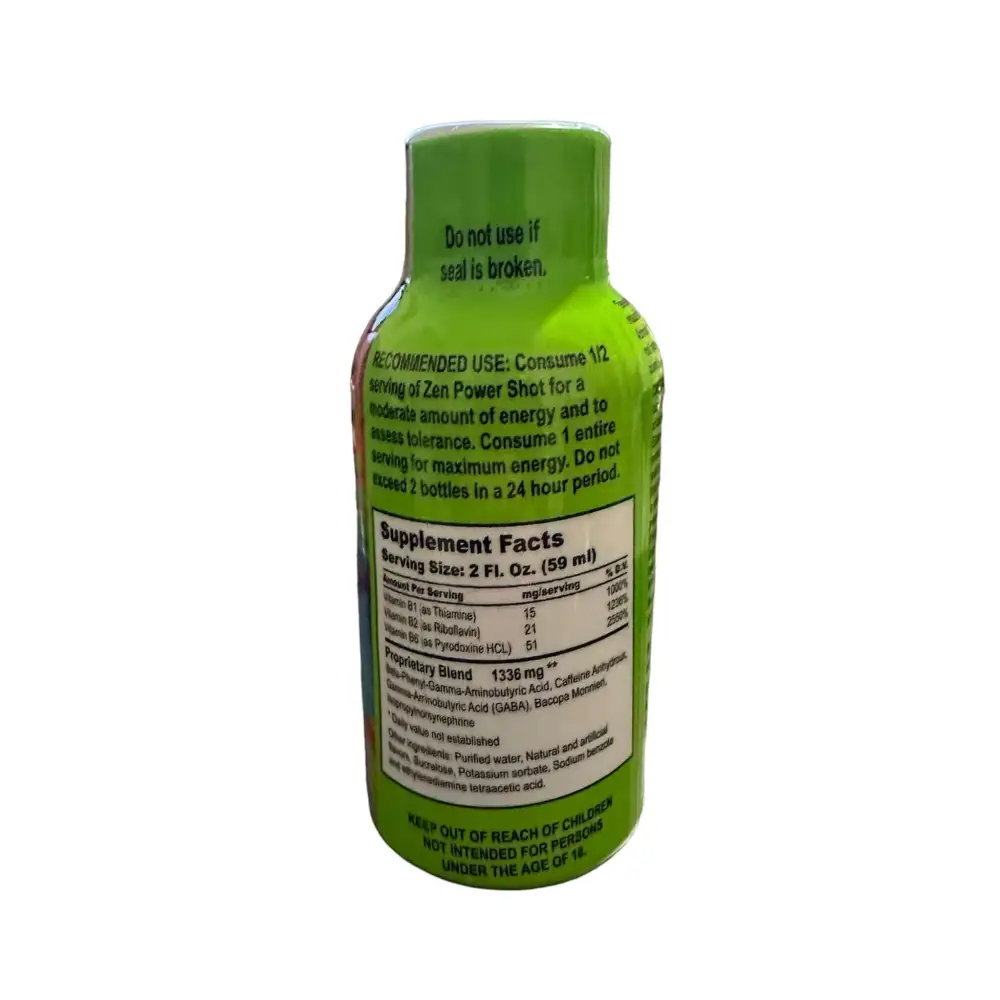 Zen Power 2oz shot bottle with supplement facts and usage instructions, mood enhancer for focus and energy.