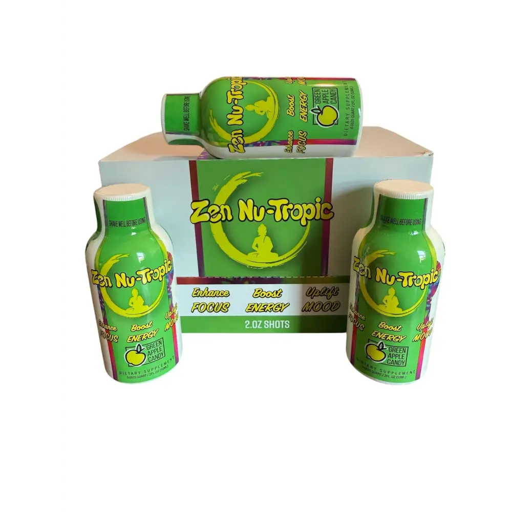 Zen Power Nu-Tropic 2oz Green Apple Candy shots for enhancing focus, boosting energy, and uplifting mood in a box.