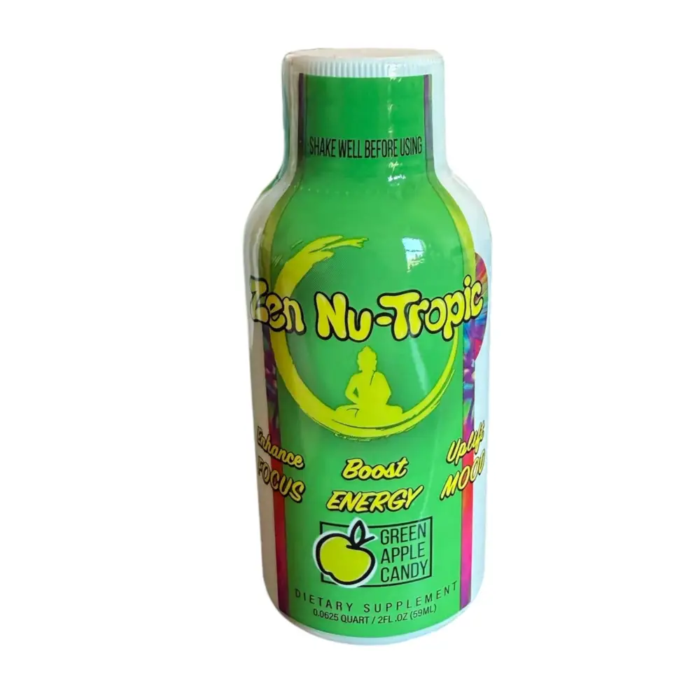 Zen Nu-Tropic Green Apple Candy energy shot bottle, boosts focus and mood, 2oz dietary supplement.