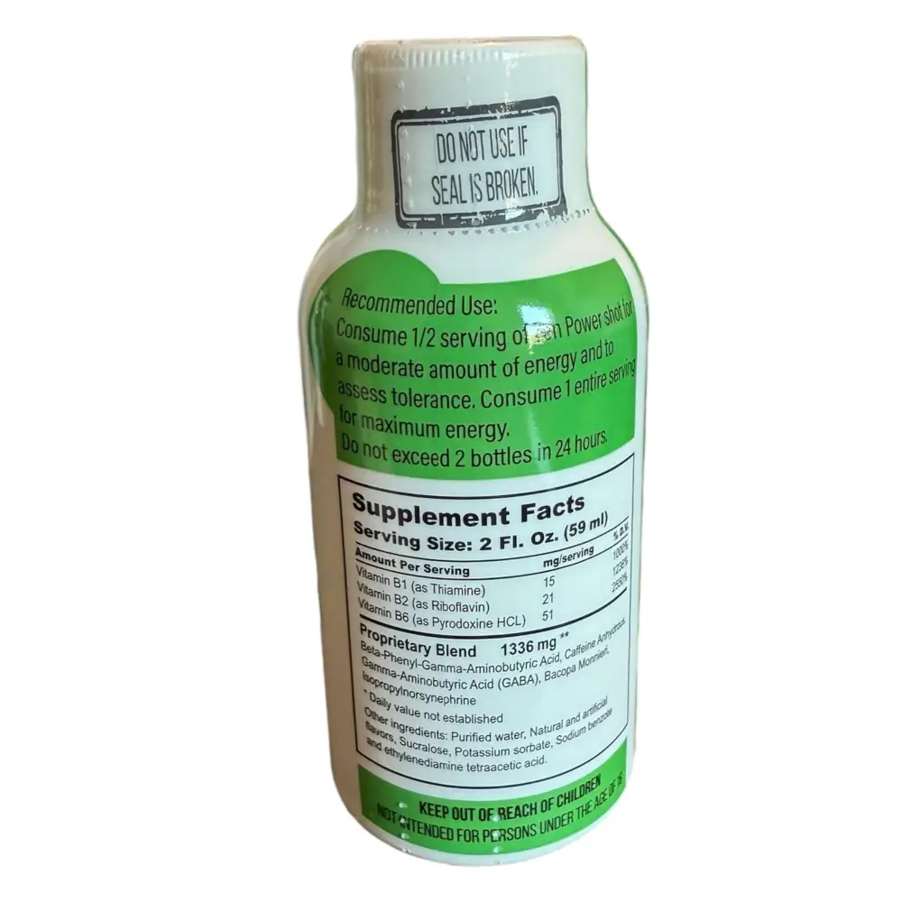 Zen Power Nu-Tropic 2oz energy shot bottle with supplement facts and usage instructions on the label.