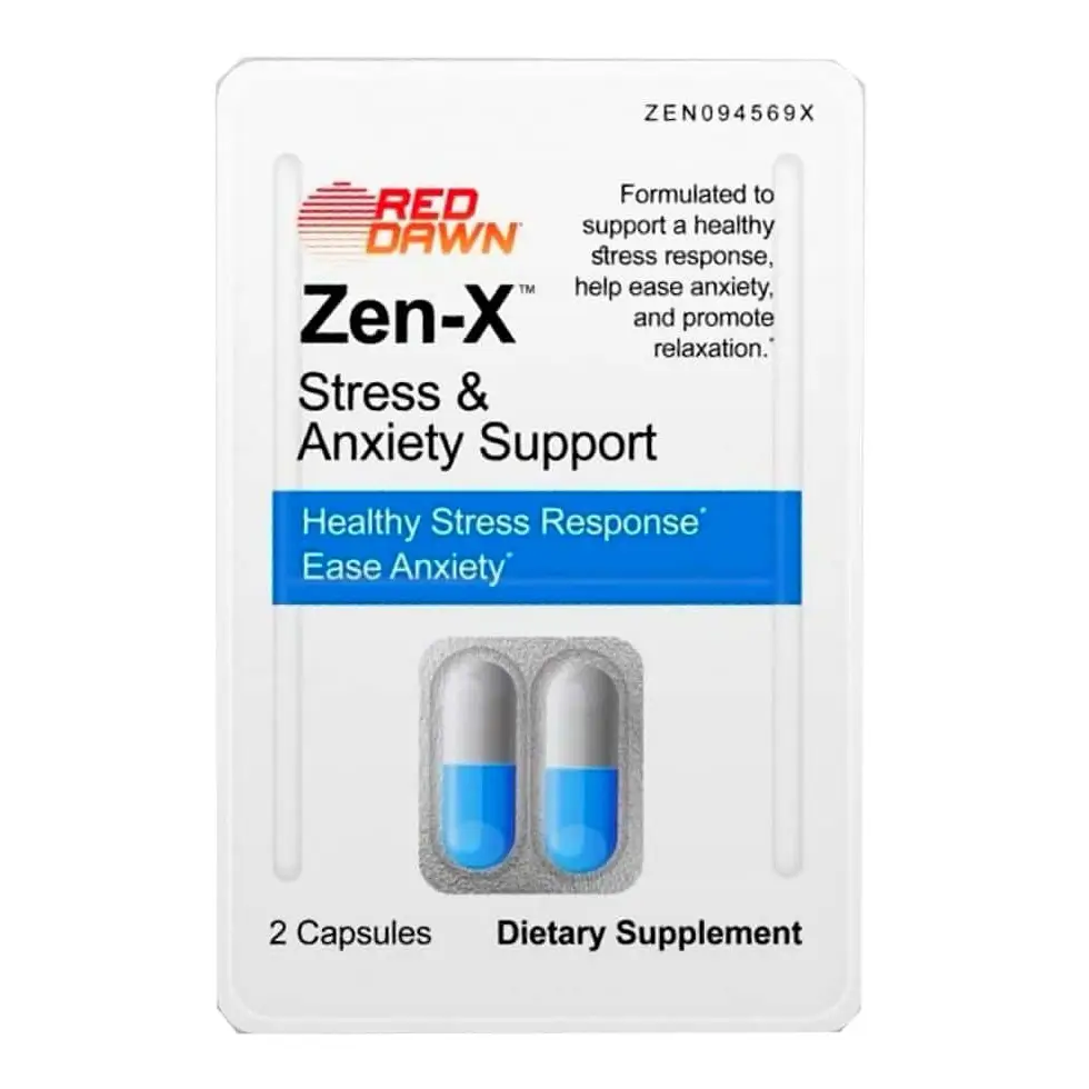 ZEN-X Stress & Anxiety Support capsule blister box containing 2 capsules for relaxation and stress relief.