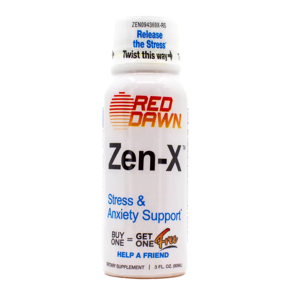 ZenX Stress & Anxiety Support Shot by Red Dawn, 3 fl oz, promoting relaxation and healthy stress response.