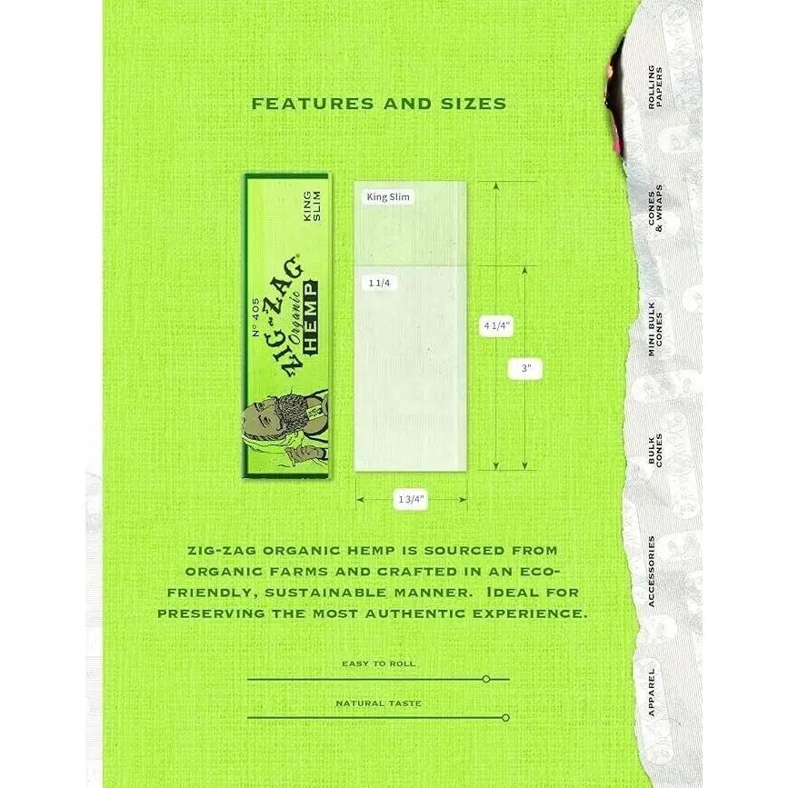 ZIG ZAG KING SIZE SLIM ORGANIC HEMP PAPERS 24 BOOKLETS KING SIZE