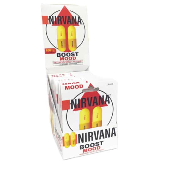 Nirvana Boost Mood Support supplement box showcasing 800mg mood-boosting capsules for energy and focus.