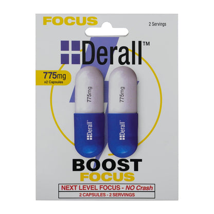 Derall Nootropic Brain Booster 775mg box with two capsules for enhanced focus and cognitive performance.