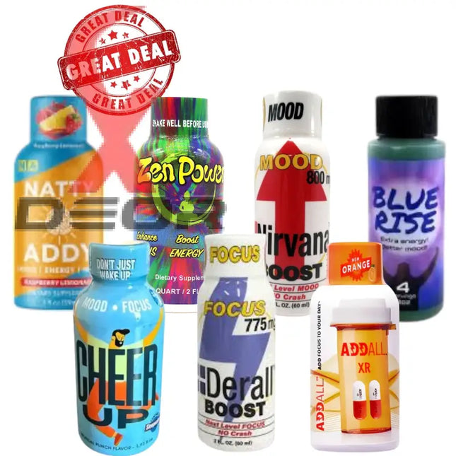 2oz Nootropic Energy Shot Sampler – 7 Bottle Variety Pack | Addall XR Derall Boost Nirvana Cheer Up Zen Power Blue Rise