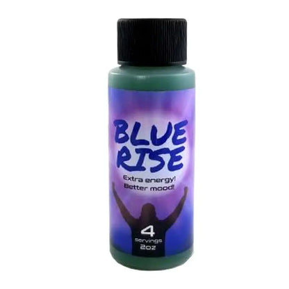 Blue Rise 2oz energy drink bottle promoting extra energy and better mood, featuring all-natural ingredients.