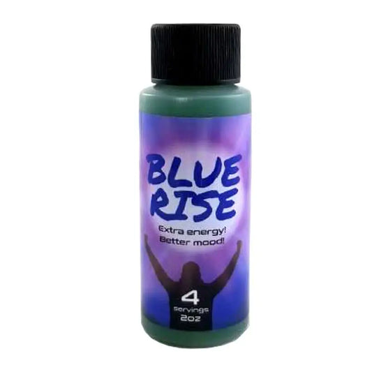 Blue Rise 2oz energy drink bottle promoting extra energy and better mood, featuring all-natural ingredients.