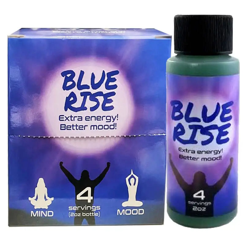 Blue Rise 2oz energy drink with packaging, offering extra energy and mood enhancement, 4 servings.