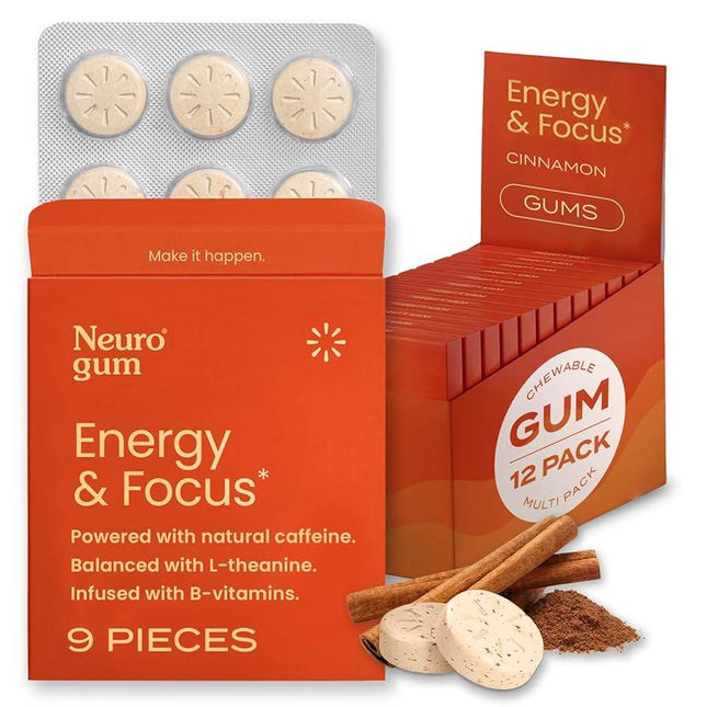 Neuro Gum Cinnamon – Energy & Focus | Vegan | Sugar-Free | B-Vitamins – Pack of 1 (9 Pieces) - XDeor
