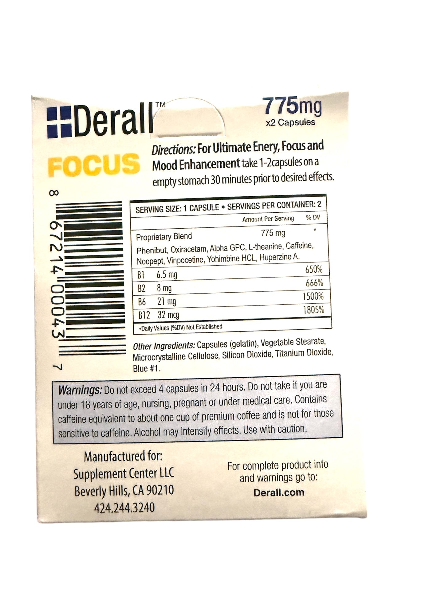 Derall Nootropic Brain-Booster 775mg full box back, highlighting ingredients and directions for use.