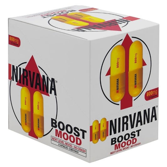 Nirvana Boost Mood Support dietary supplement box, 800mg for energy and focus without crash.