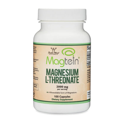 Magnesium L-Threonate supplement bottle with 2000 mg of magnesium, 100 capsules, by Magtein.