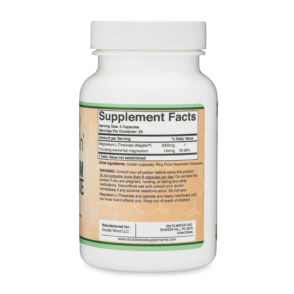 Magnesium L-Threonate (Magtein) 2000mg supplement facts label on a bottle, highlighting nutritional information.