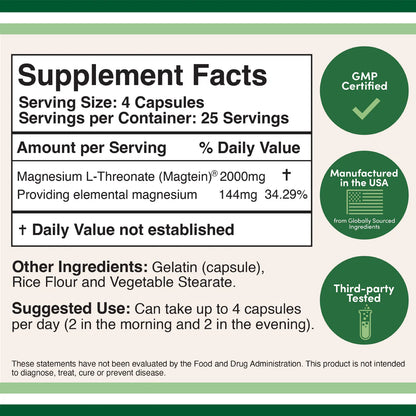 Supplement facts for Magnesium L-Threonate 2000mg, highlighting dosage and ingredients, GMP certified.