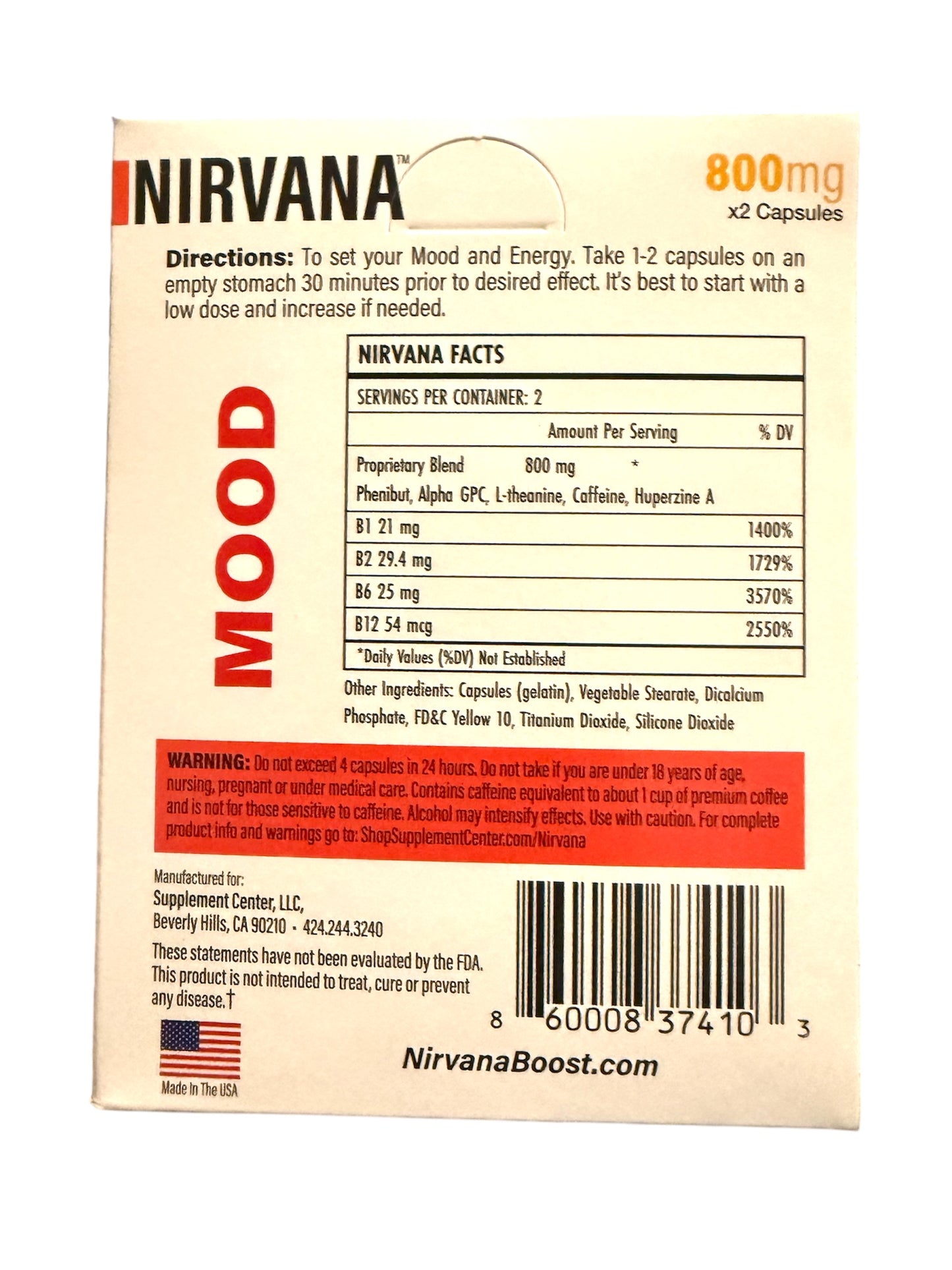 Nirvana Boost Mood Support supplement facts, 800mg, mood and energy enhancement details.