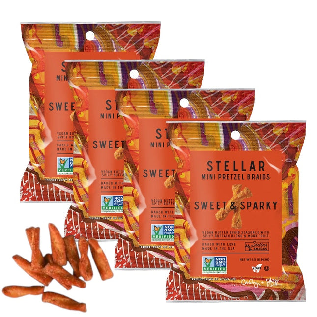 4-Pack Stellar Pretzel Braids – Sweet & Sparky (1.5oz Each) | Vegan, Bold Flavor Snack Made in USA