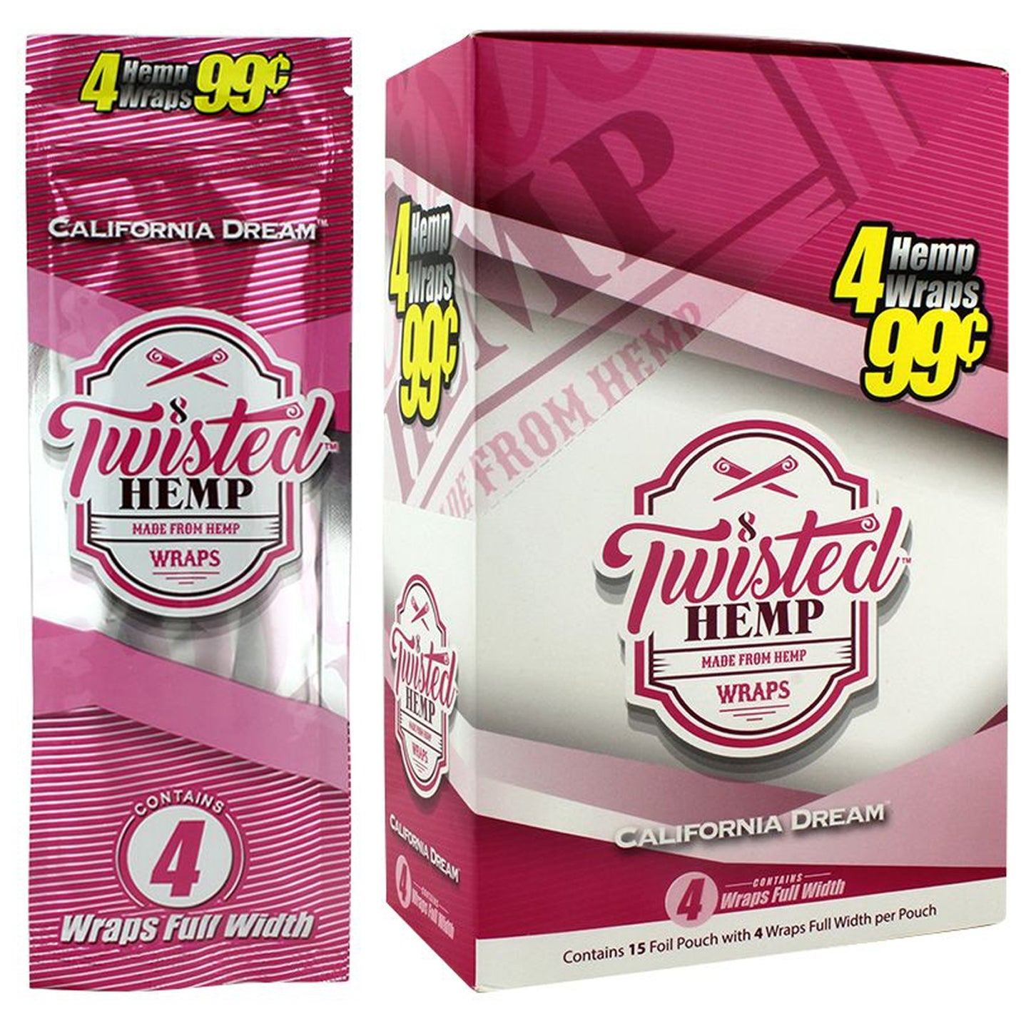 Twisted Hemp California Dream Wraps full box and single pouch, organic, nicotine-free, slow-burning wraps.