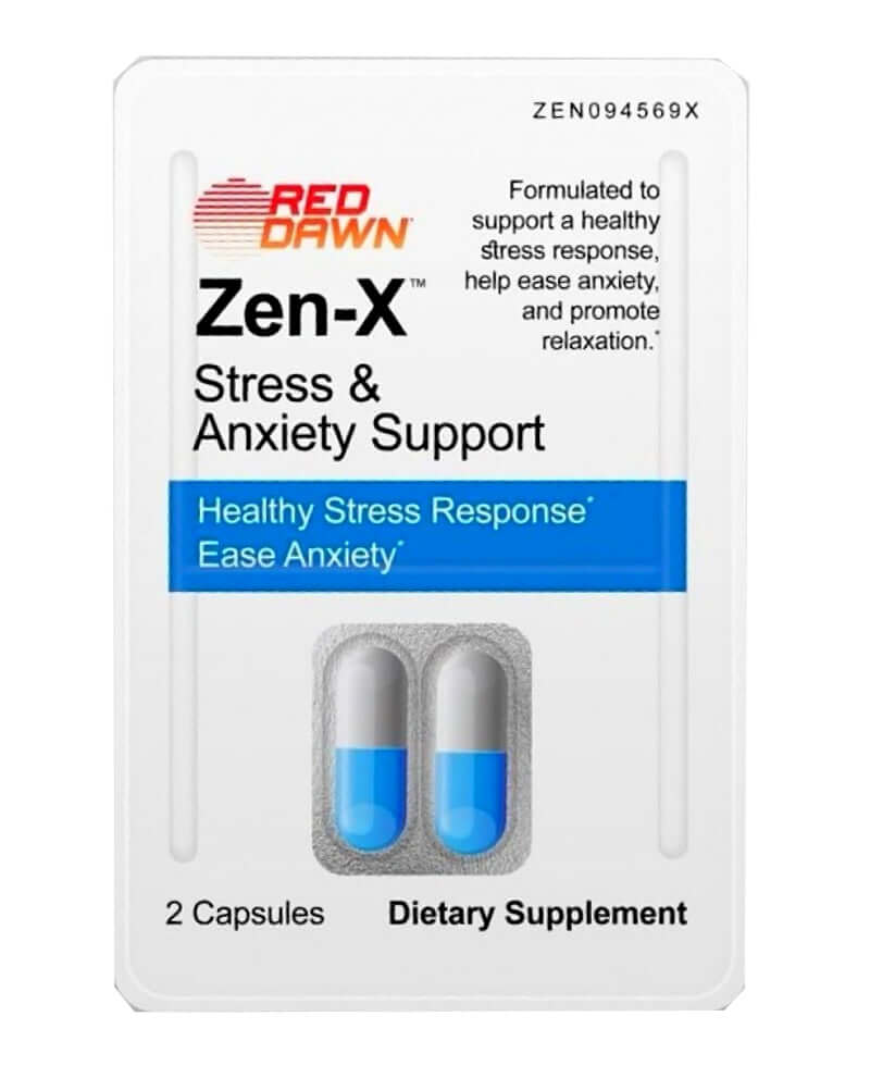 ZENX STRESS & ANXIETY SUPPORT 2 COUNT CAPSULE BLISTER BOX BY RED DAWN FULL BOX - Midtown Supplements