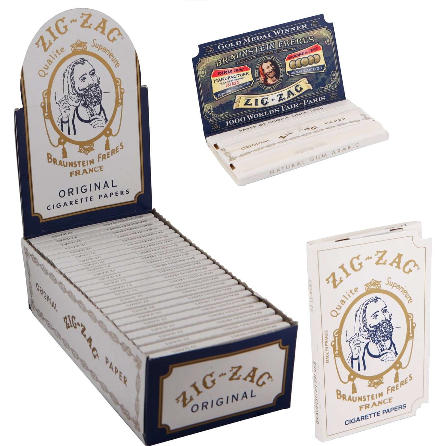 Zig-Zag Original White Rolling Papers displayed in a box and packs, featuring ultra-thin quality for smooth burn.