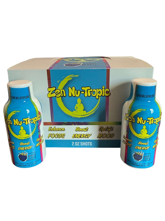 Zen Nu-Tropic 2oz berry blast shots, promoting energy, focus, and mood enhancement. Includes 12 bottles.