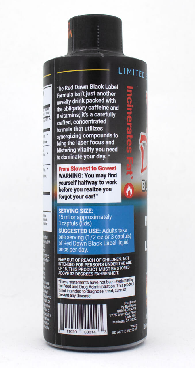 Red Dawn Black Label 8oz bottle with energy drink label and instructions for use, designed for peak performance.